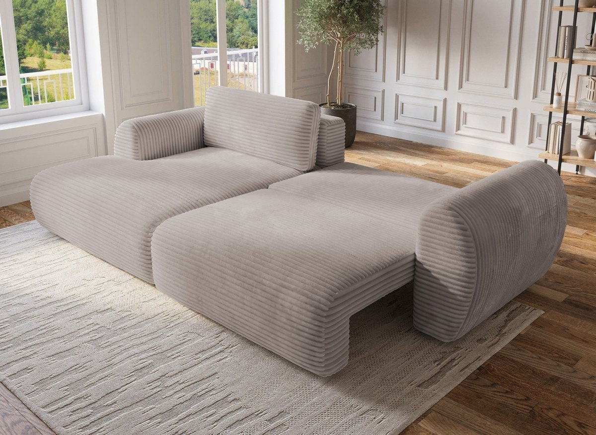 Canapé d'angle convertible avec coffre en velours gros côtelé doux taupe TILDA - Angle gauche - DécoInParis