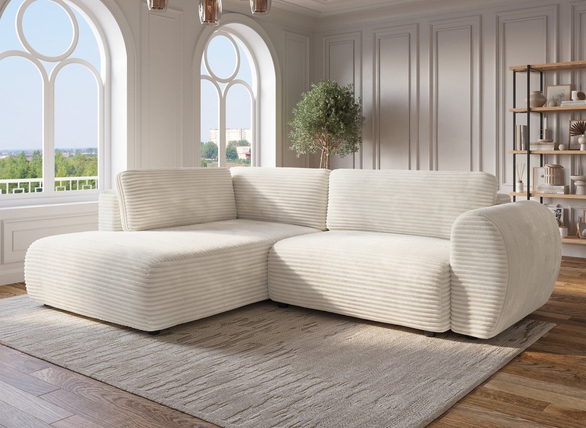 Canapé d'angle convertible avec méridienne et coffre en gros côtelé doux beige TILDA - Angle gauche - DécoInParis