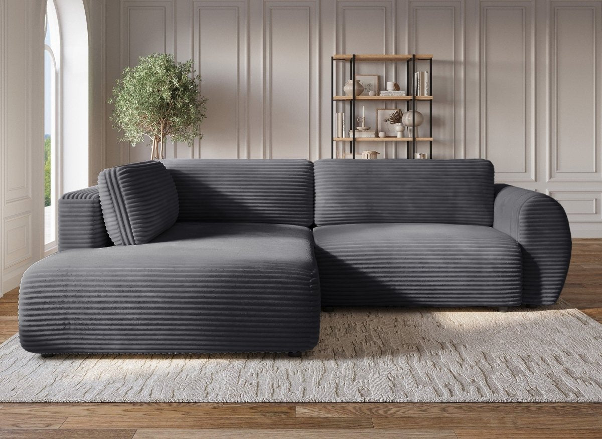 Canapé d'angle convertible avec méridienne et coffre en gros côtelé doux gris TILDA - Angle gauche - DécoInParis