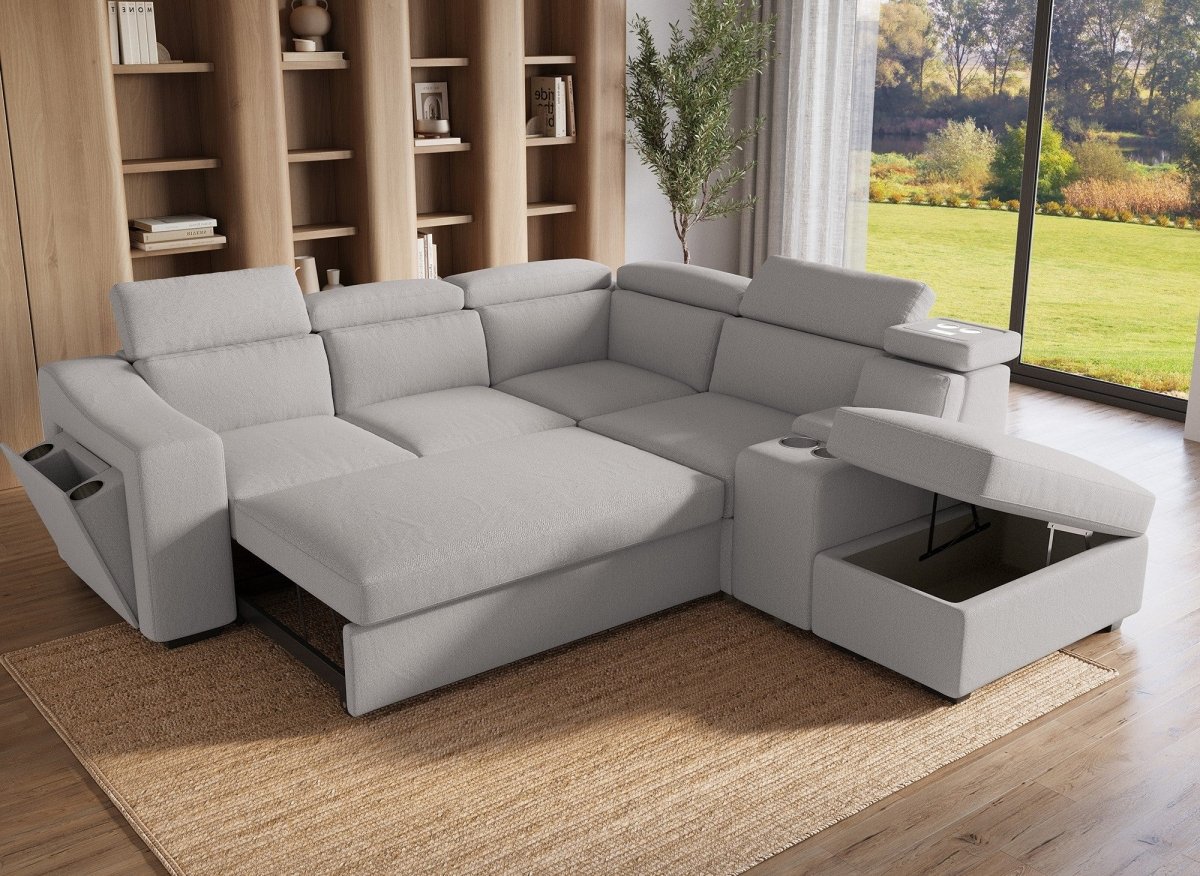 Canapé d'angle convertible en tissu beige DEREK XL - Angle droit - DécoInParis