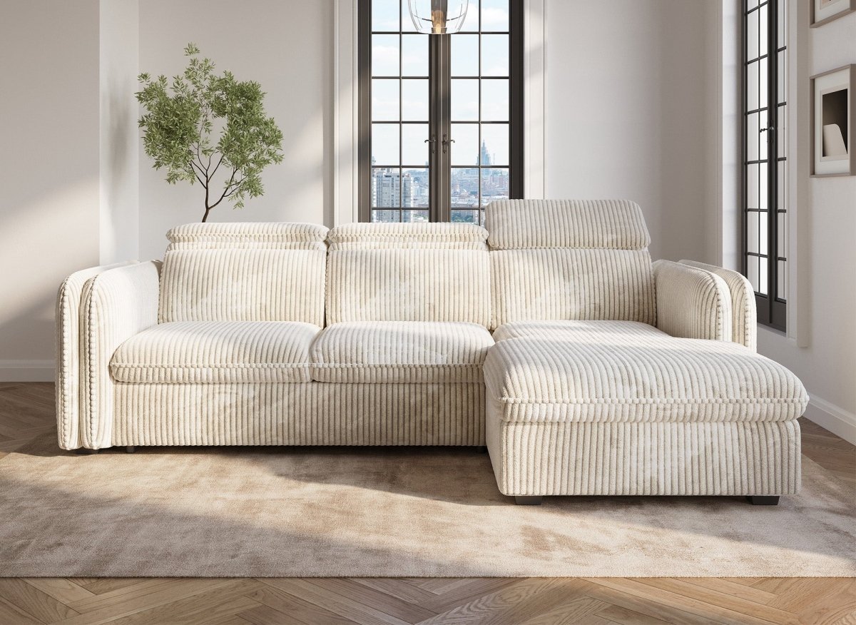 Canapé d'angle convertible en velours côtelé épais beige ISABELLA - Angle droit - DécoInParis