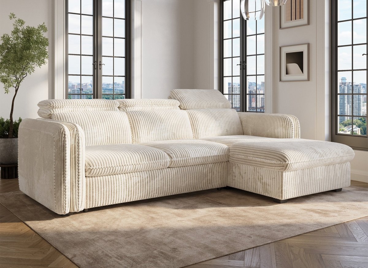 Canapé d'angle convertible en velours côtelé épais beige ISABELLA - Angle droit - DécoInParis