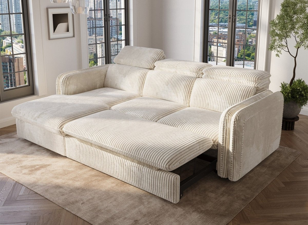 Canapé d'angle convertible en velours côtelé épais beige ISABELLA - Angle gauche - DécoInParis