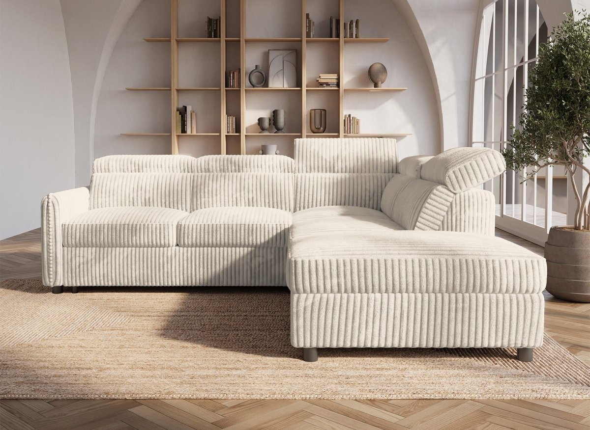 Canapé d'angle convertible en velours côtelé épais beige NAIROBI - Angle droit - DécoInParis