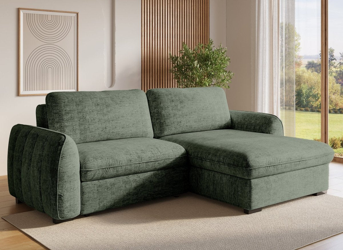 Canapé d'angle convertible et réversible avec coffre en velours chiné vert kaki LIORA - DécoInParis