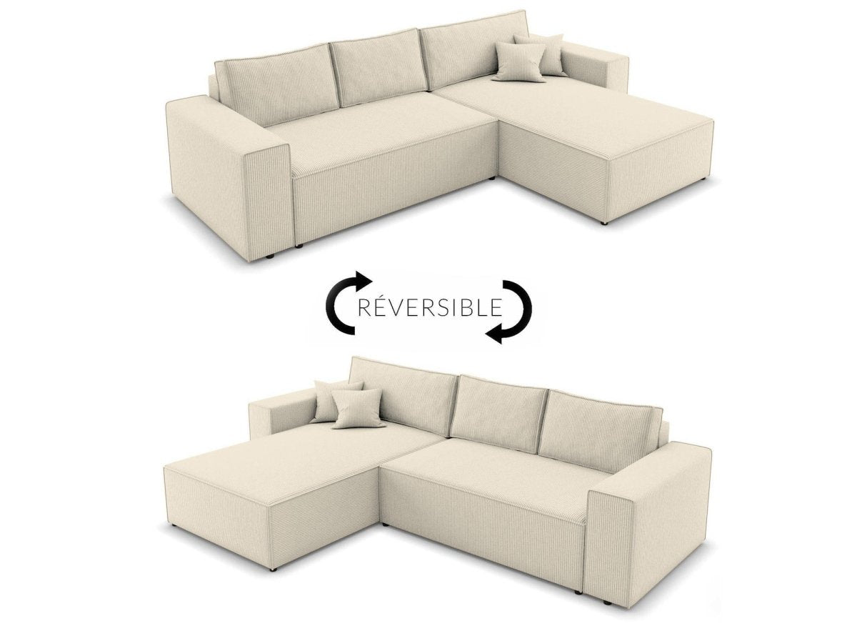 Canapé d'angle convertible et réversible avec coffre en velours cotelé beige JADE - DécoInParis