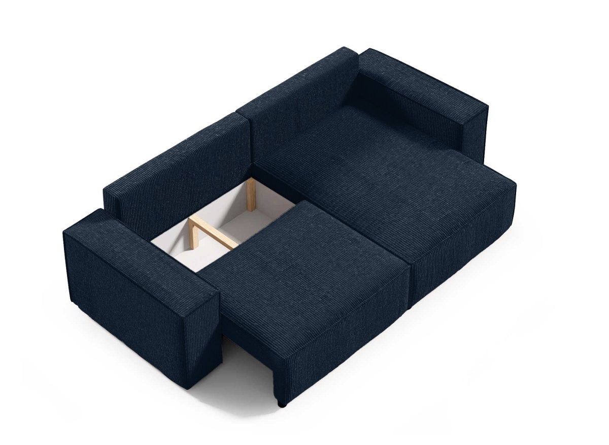 Canapé d'angle convertible et réversible avec coffre en velours côtelé bleu JADE MINI - DécoInParis