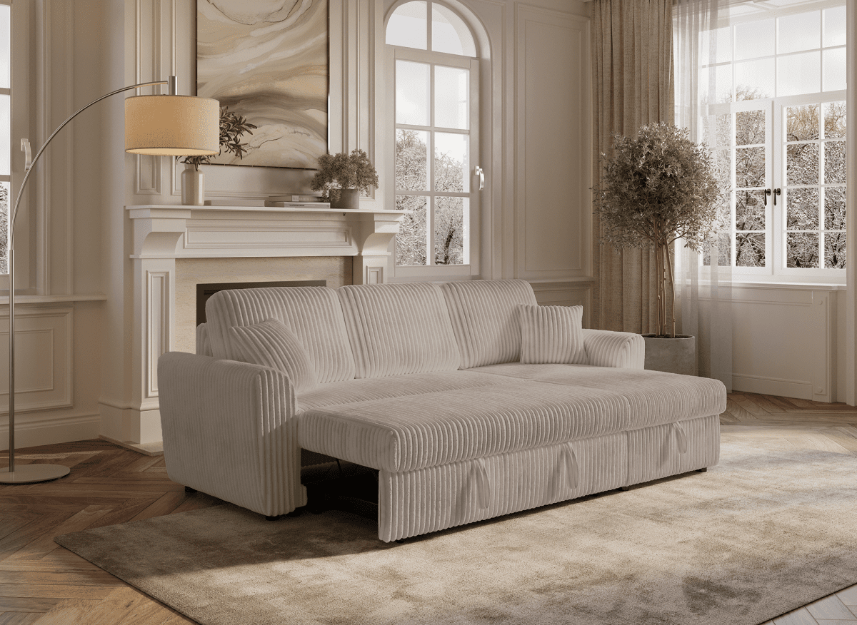 Canapé d'angle convertible et réversible avec coffre en velours côtelé épais taupe ADRYEN - DécoInParis