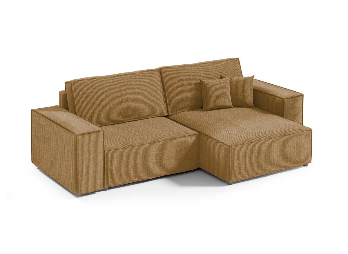 Canapé d'angle convertible et réversible avec coffre en velours côtelé moutarde JADE MINI - DécoInParis