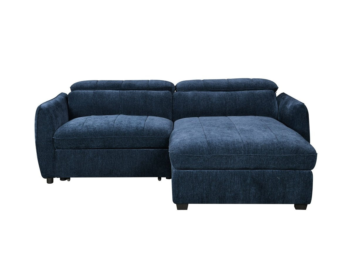 Canapé d'angle convertible et réversible avec coffre en velours tissé bleu MADALENA - DécoInParis