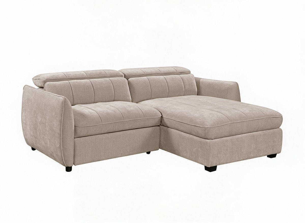 Canapé d'angle convertible et réversible avec coffre en velours tissé taupe MADALENA - DécoInParis