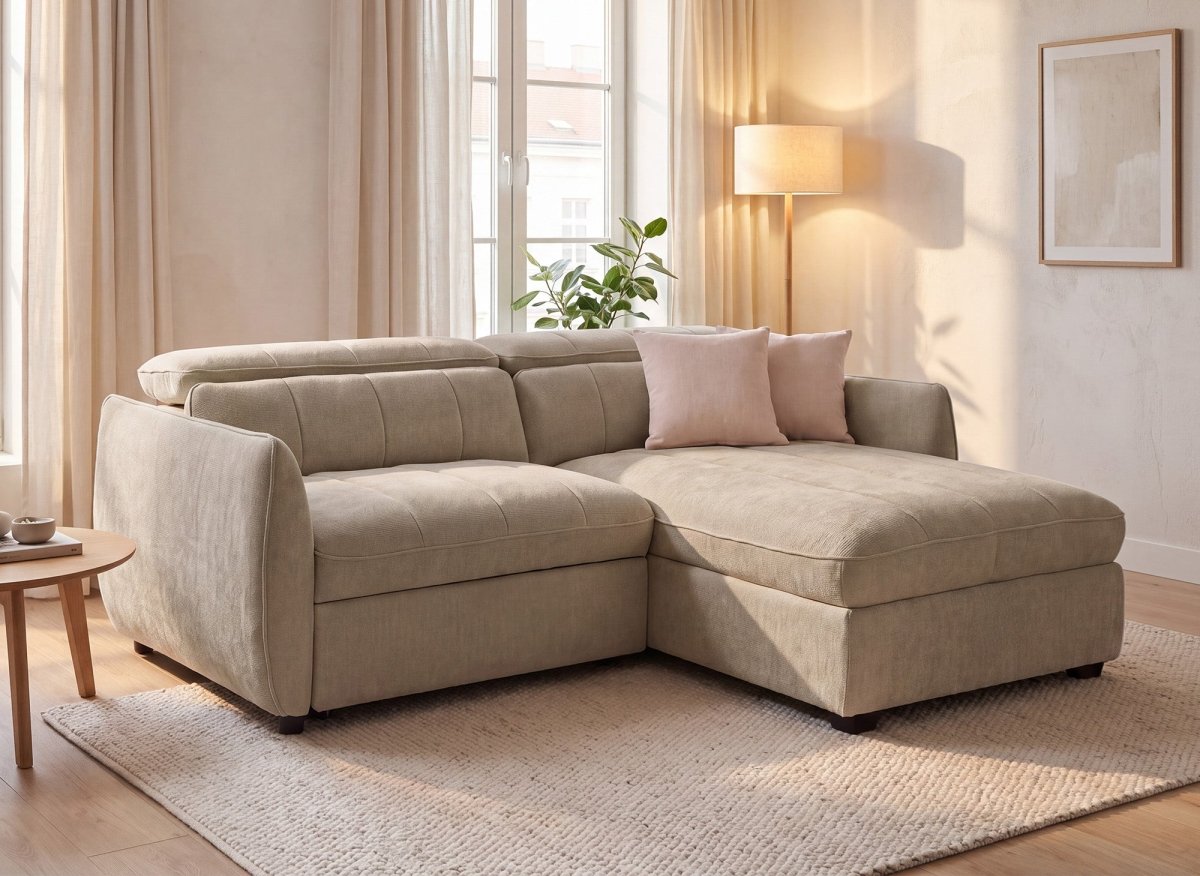 Canapé d'angle convertible et réversible avec coffre en velours tissé taupe MADALENA - DécoInParis