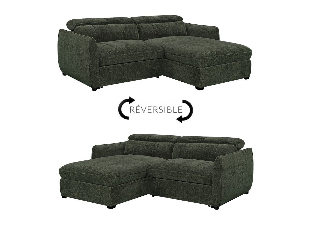 Canapé d'angle convertible et réversible avec coffre en velours tissé vert olive MADALENA - DécoInParis