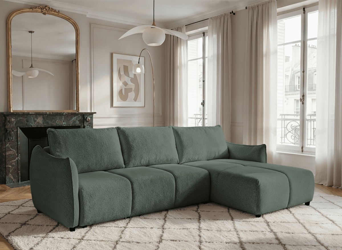 Canapé d'angle convertible et réversible en velours chiné vert olive MYSA - DécoInParis