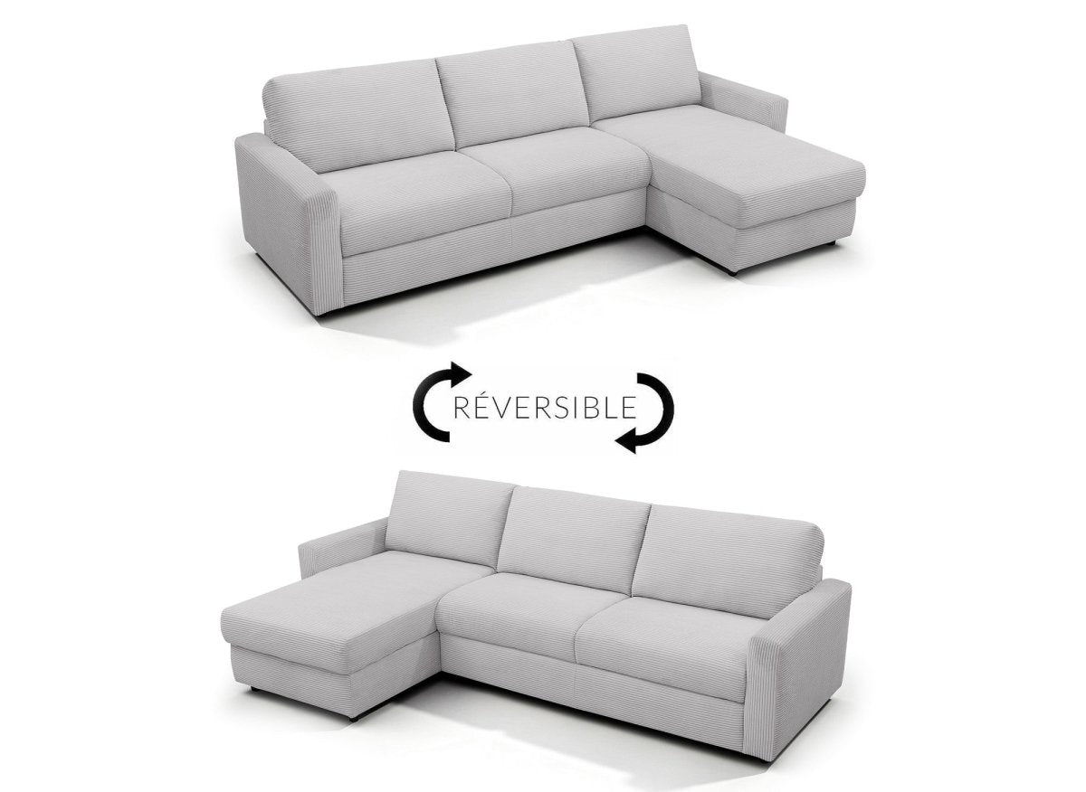 Canapé d'angle convertible et réversible ouverture express en velours côtelé gris JULIETTE - DécoInParis