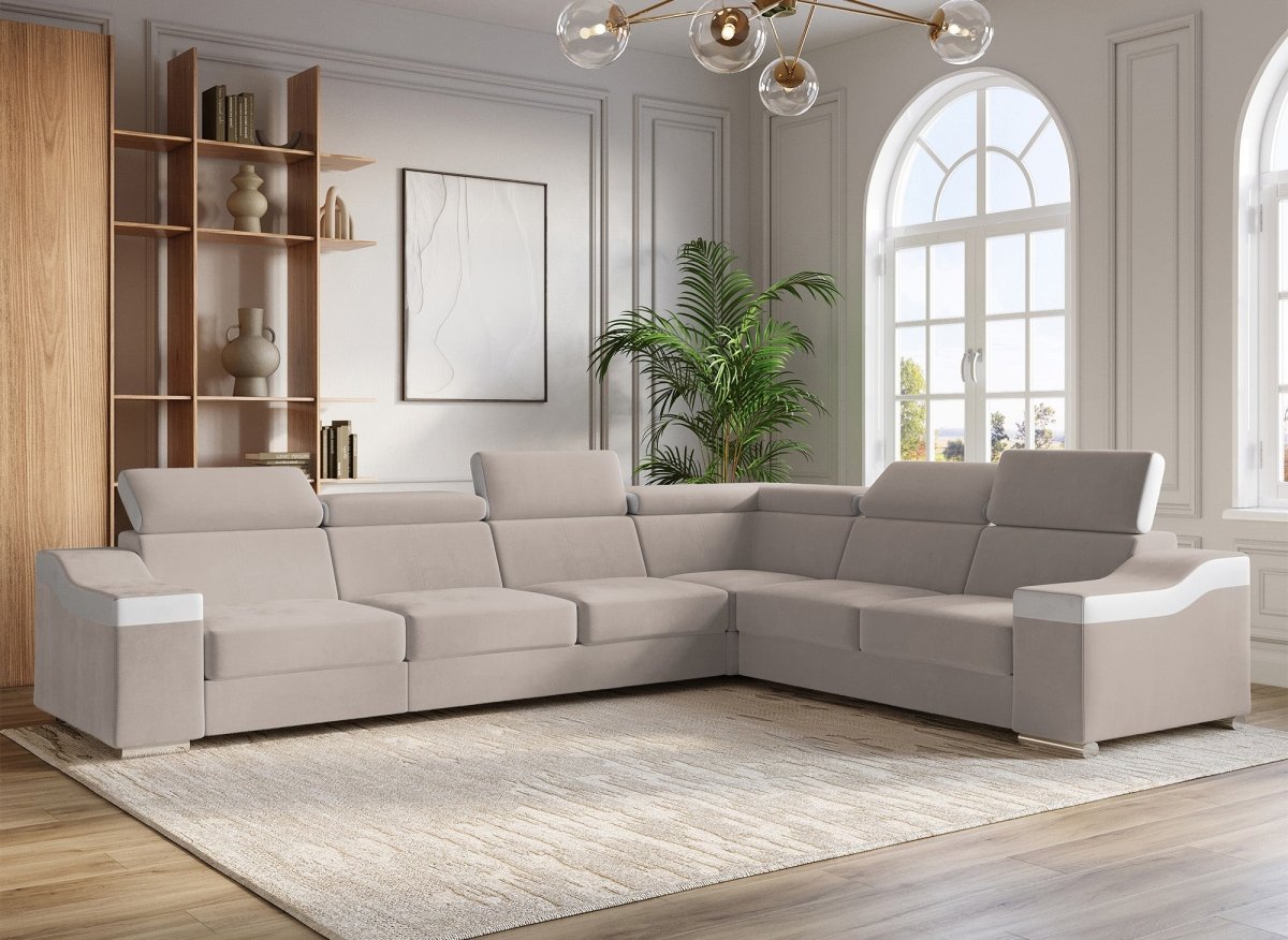 Canapé d'angle convertible réversible en velours beige et simili cuir blanc LEONIE - DécoInParis