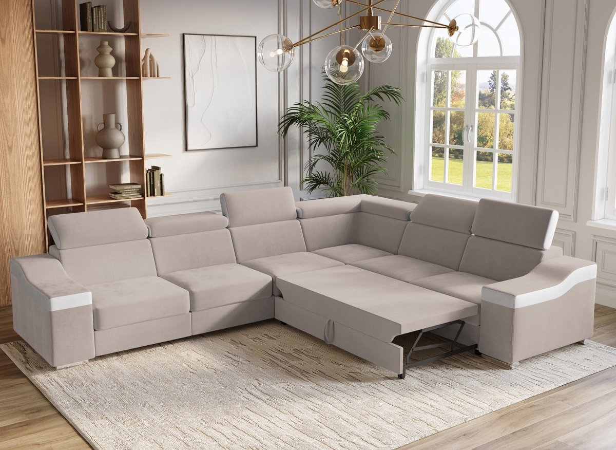 Canapé d'angle convertible réversible en velours beige et simili cuir blanc LEONIE - DécoInParis