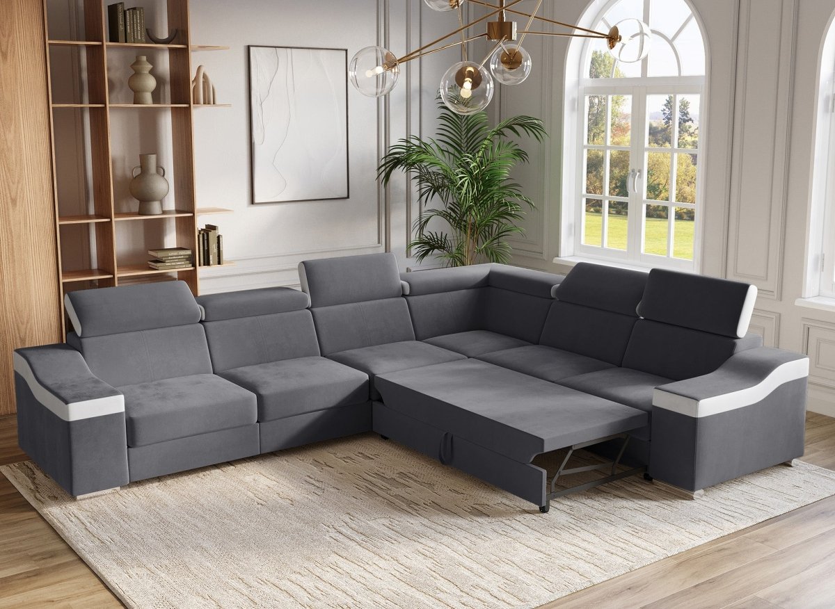 Canapé d'angle convertible réversible en velours gris et simili cuir blanc LEONIE - DécoInParis