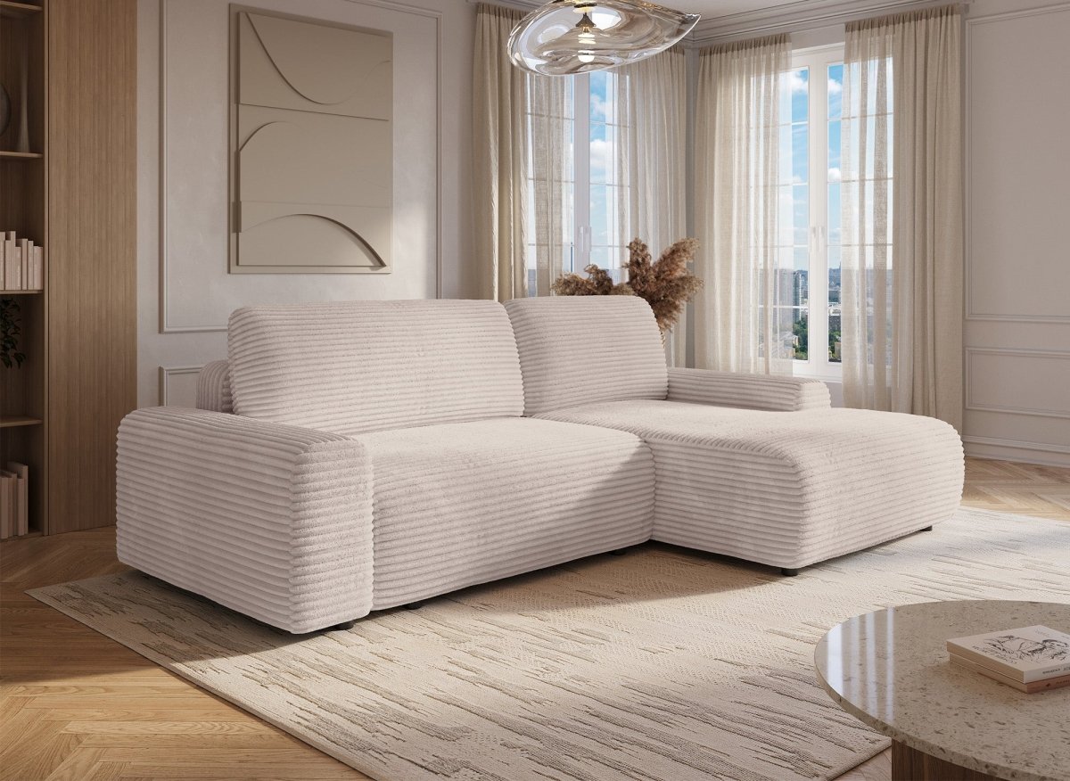 Canapé d'angle droit convertible avec coffre en velours côtelé épais beige BALI - Angle droit - DécoInParis