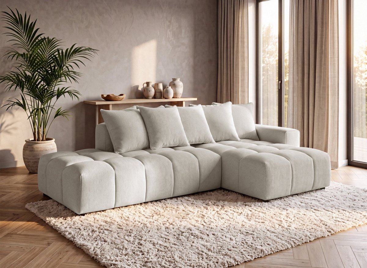 Canapé d'angle en tissu texturé beige CLARISSE - Angle droit - DécoInParis
