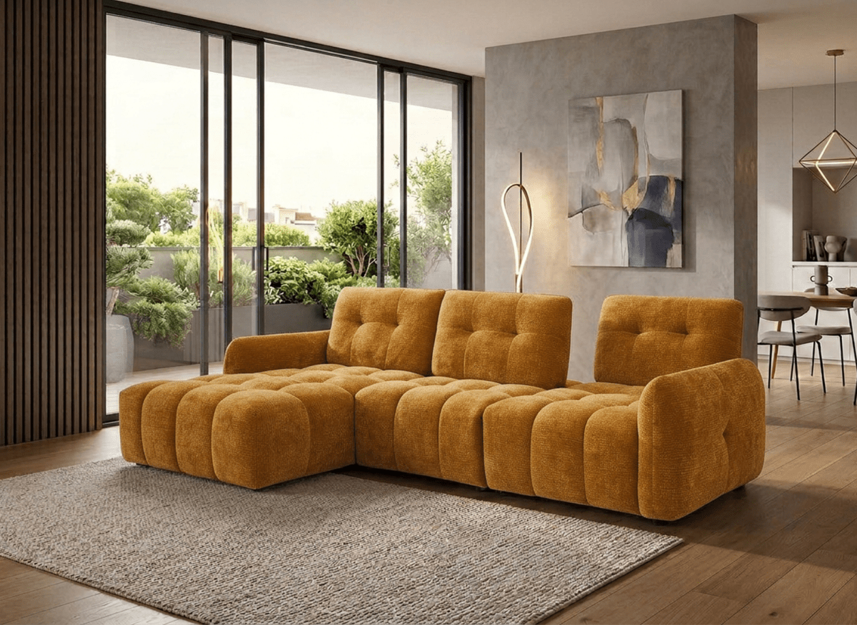 Canapé d'angle en velours tissé moutarde avec dossier réglable ADONIS - Angle gauche - DécoInParis