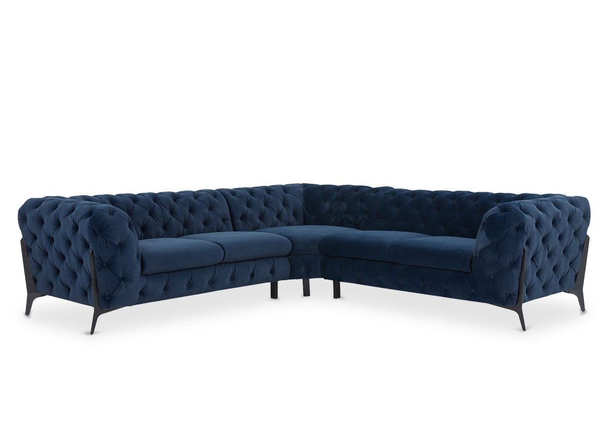 Canapé d'angle fixe capitonné chesterfield velours bleu CARMEN - DécoInParis