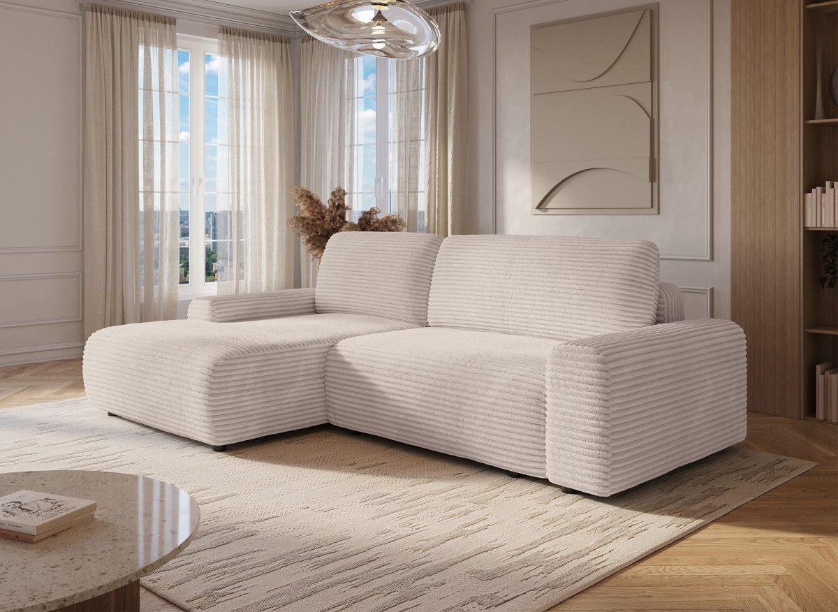 Canapé d'angle gauche convertible avec coffre en velours côtelé épais beige BALI - Angle gauche - DécoInParis