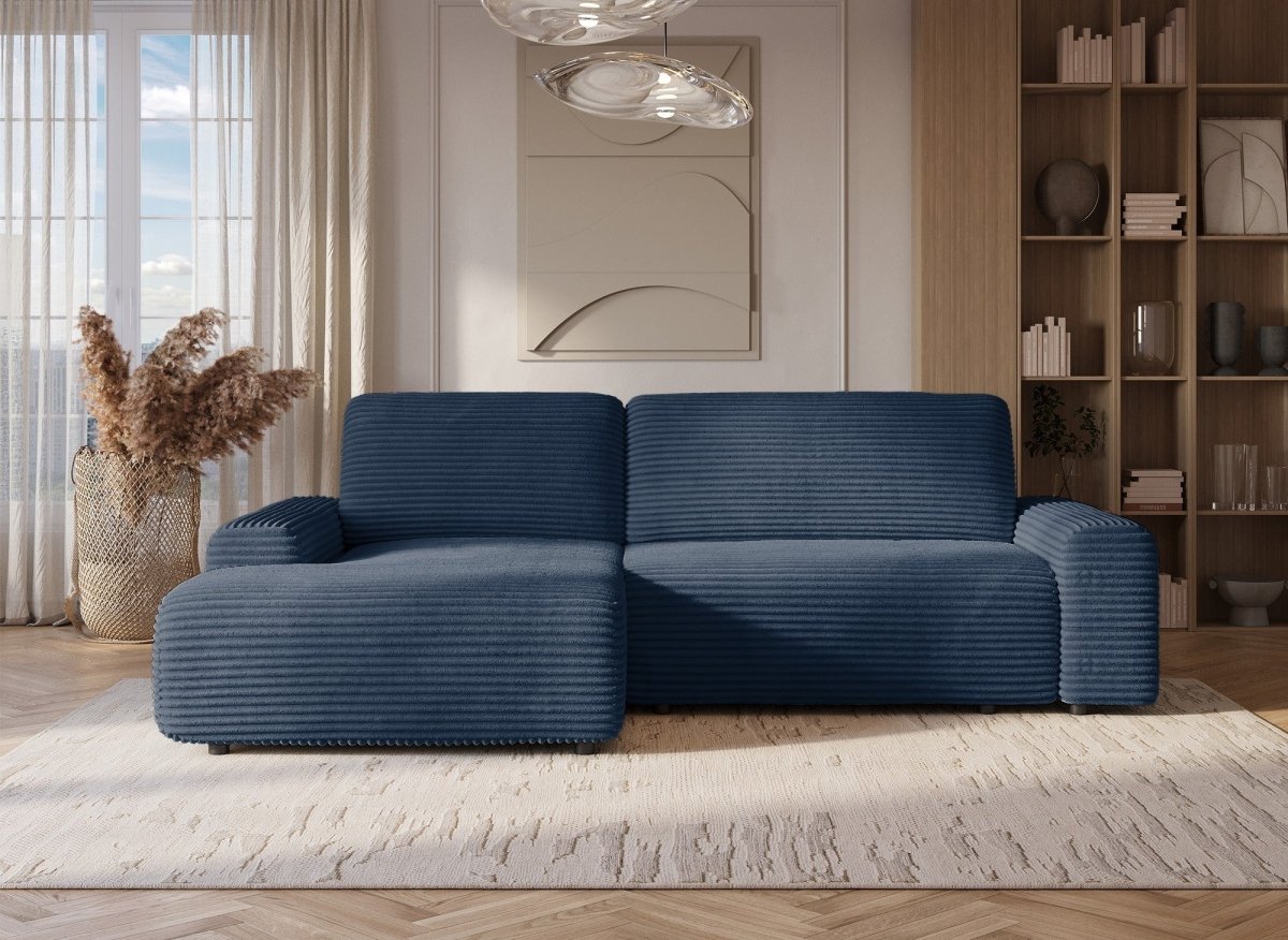 Canapé d'angle gauche convertible avec coffre en velours côtelé épais bleu foncé BALI - Angle gauche - DécoInParis