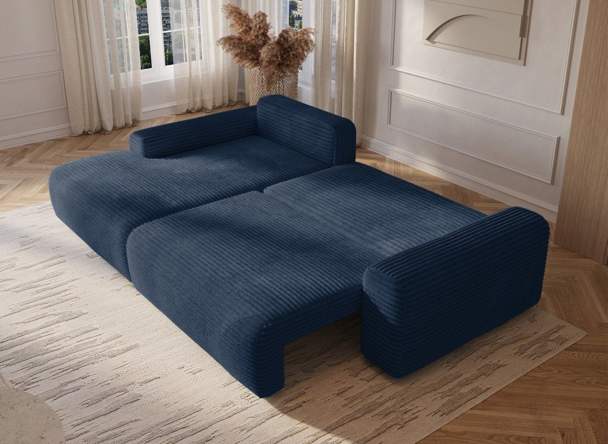 Canapé d'angle gauche convertible avec coffre en velours côtelé épais bleu foncé BALI - Angle gauche - DécoInParis