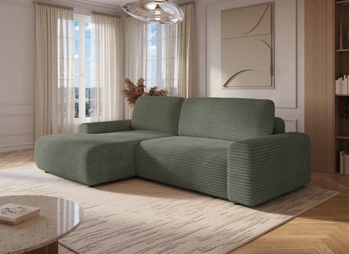 Canapé d'angle gauche convertible avec coffre en velours côtelé épais vert kaki BALI - Angle gauche - DécoInParis