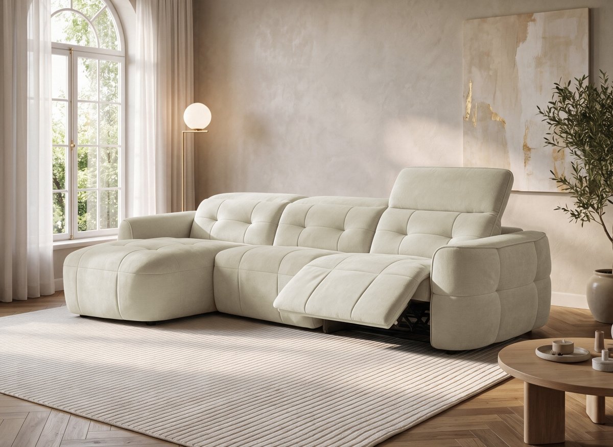 Canapé d'angle relax électrique en tissu beige FERDINAND - Angle gauche - DécoInParis