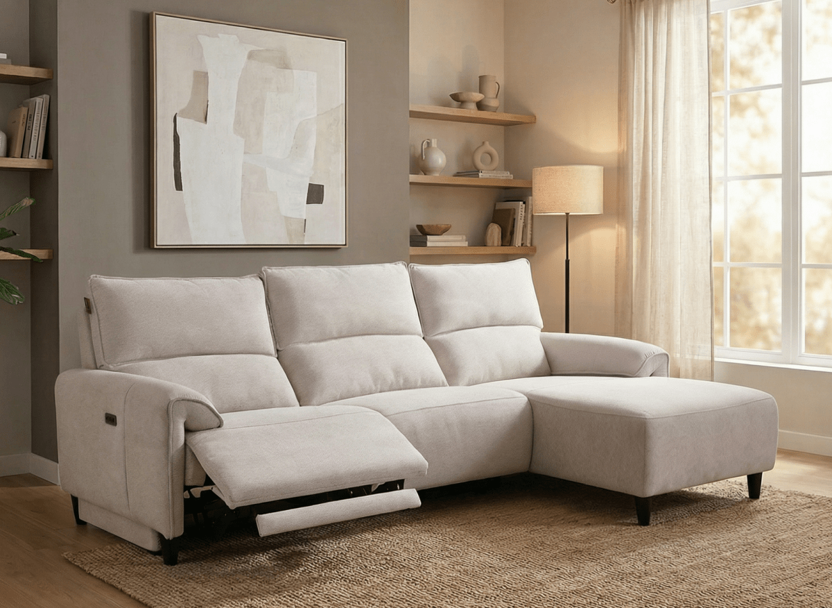 Canapé d’angle relax électrique en tissu beige LUDMILA - Angle droit - DécoInParis