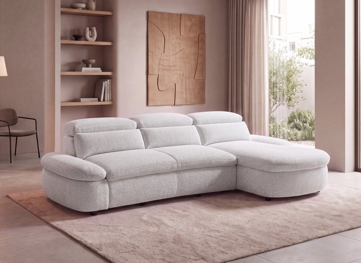 Canapé d'angle relax électrique en tissu bouclette beige CLEMENT - Angle droit - DécoInParis