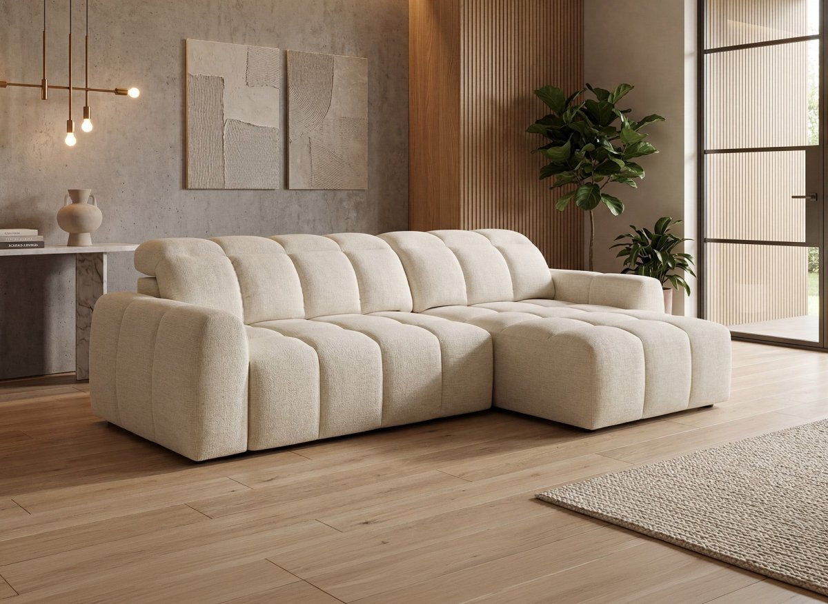 Canapé d'angle relax électrique en velours chiné beige DANIA - Angle droit - DécoInParis