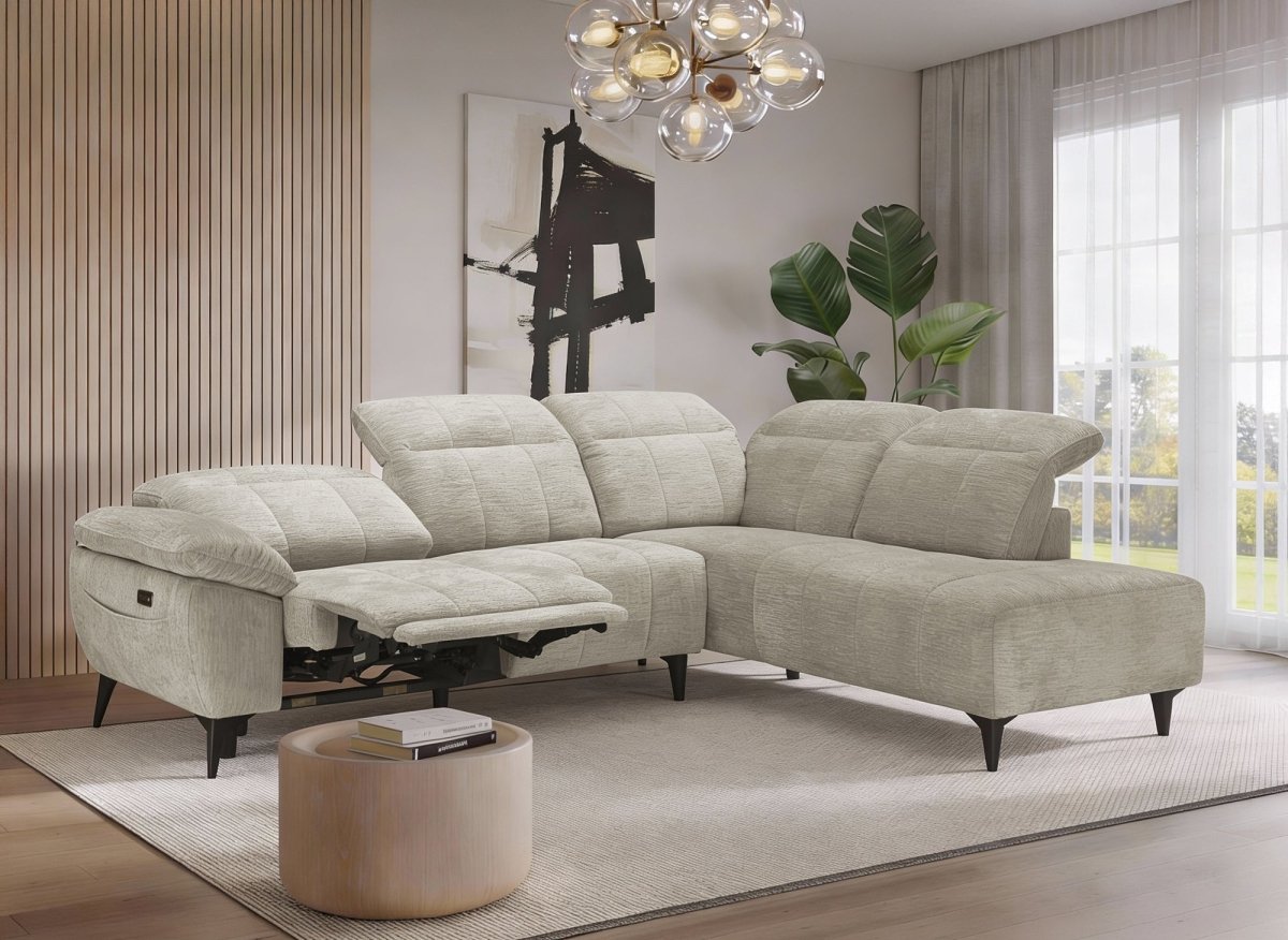 Canapé d'angle relax électrique en velours chiné beige SOLINA - Angle droit - DécoInParis