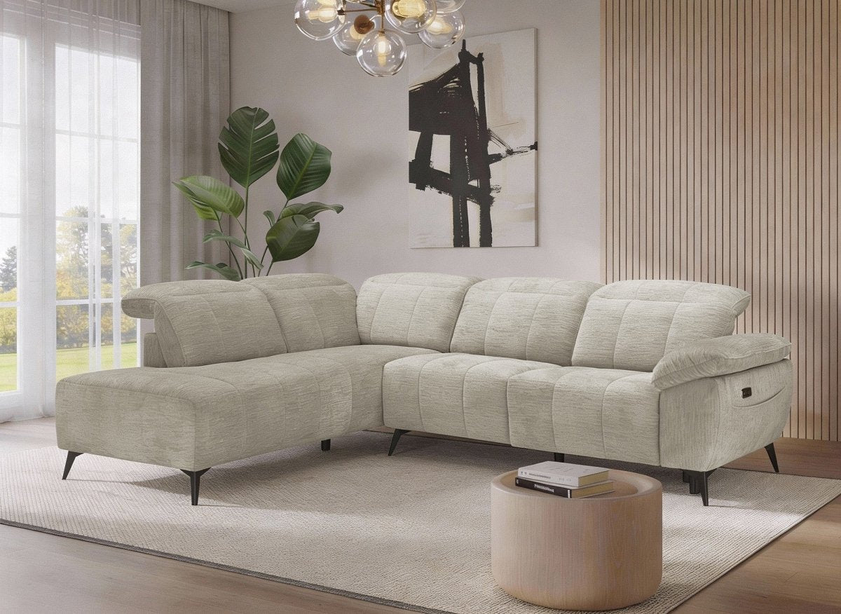Canapé d'angle relax électrique en velours chiné beige SOLINA - Angle gauche - DécoInParis