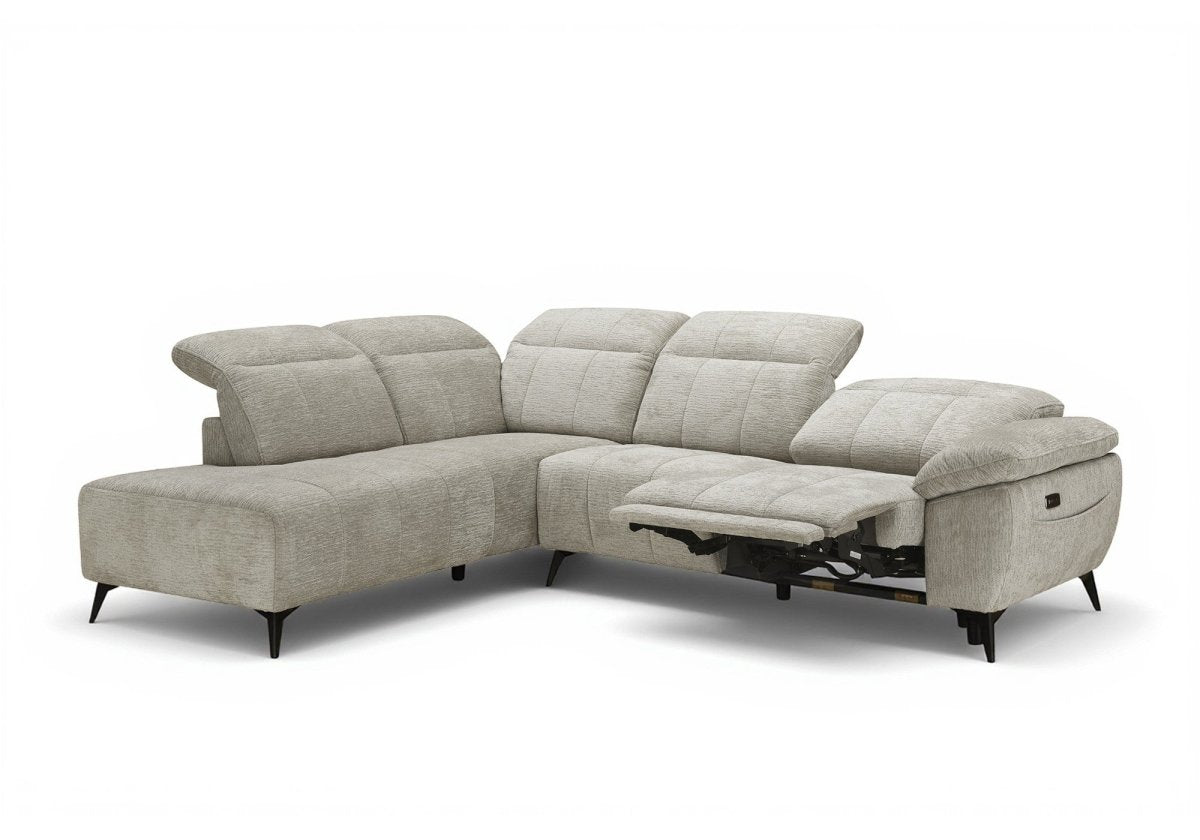 Canapé d'angle relax électrique en velours chiné beige SOLINA - Angle gauche - DécoInParis
