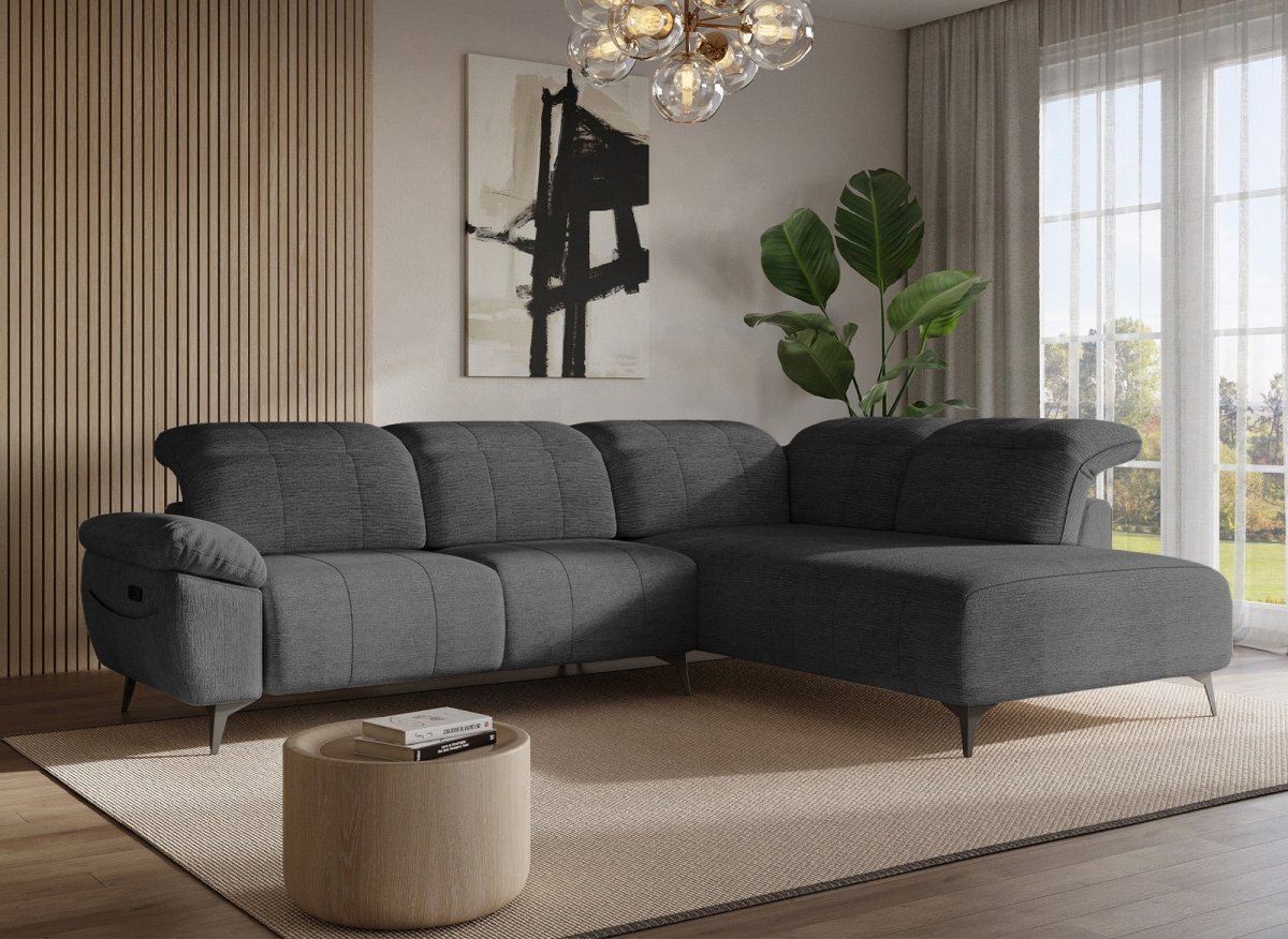 Canapé d'angle relax électrique en velours chiné gris SOLINA - Angle droit - DécoInParis
