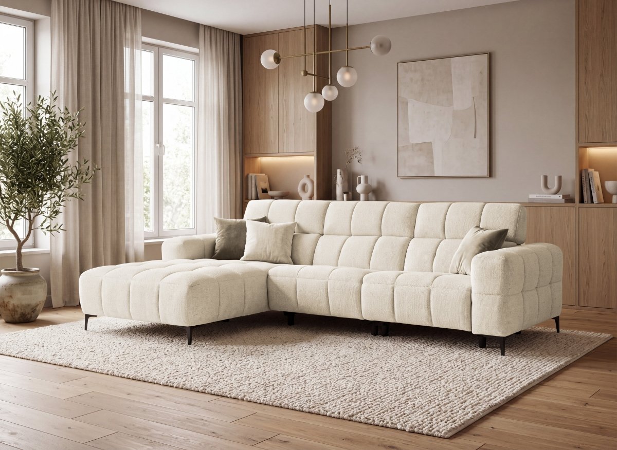 Canapé d'angle relax électrique en velours texturé beige EDELMIRA - Angle gauche - DécoInParis