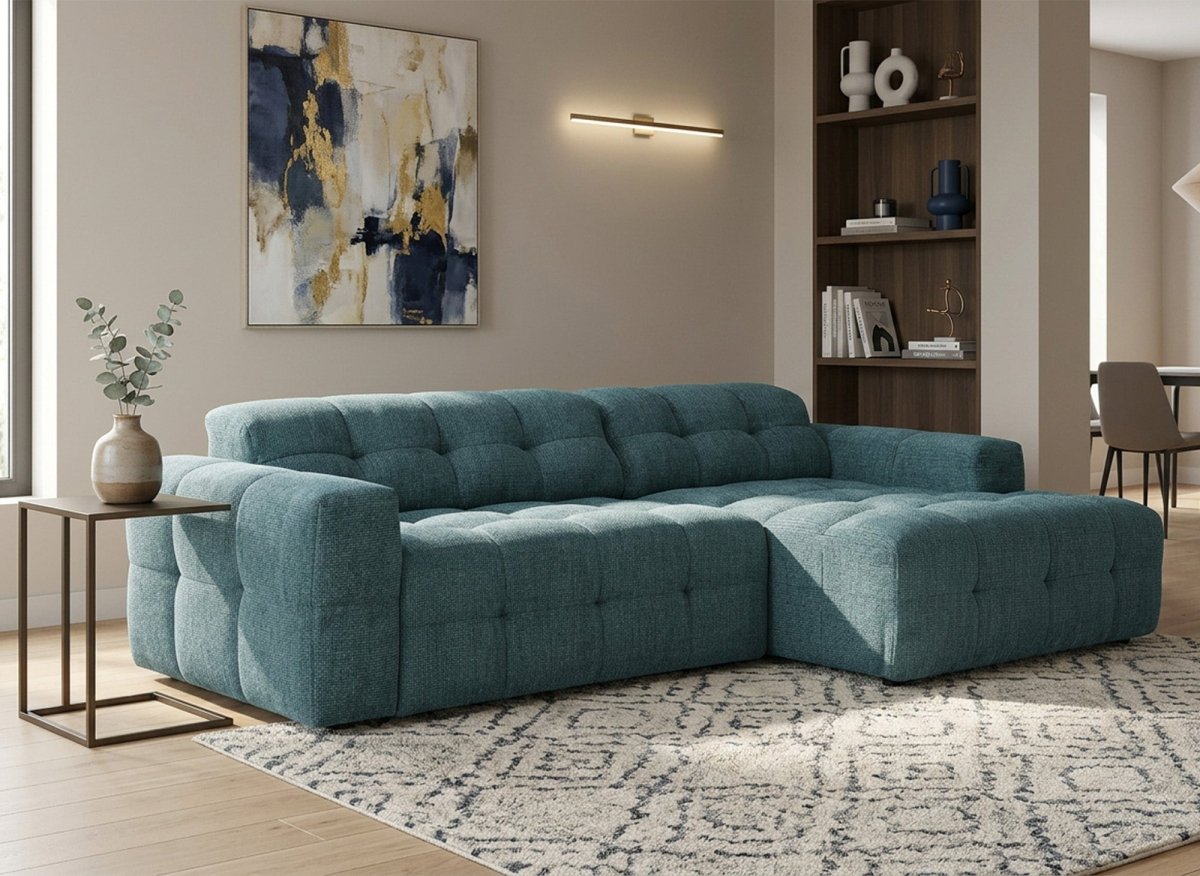 Canapé d'angle relax en velours texturé bleu FEDORA - Angle droit - DécoInParis