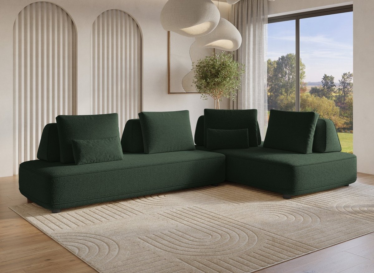 Canapé d'angle réversible en tissu bouclette vert kaki ISAORA - DécoInParis