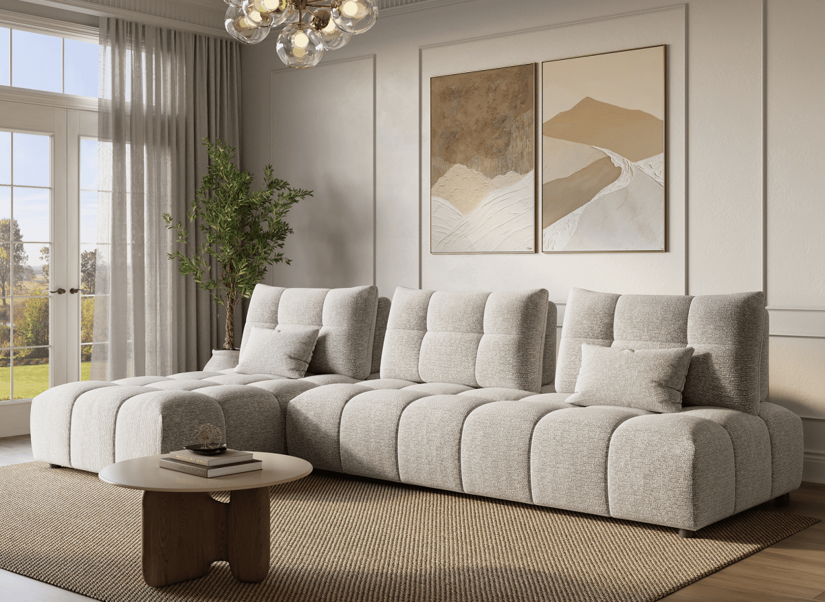 Canapé d'angle réversible en velours texturé beige ALANA - DécoInParis