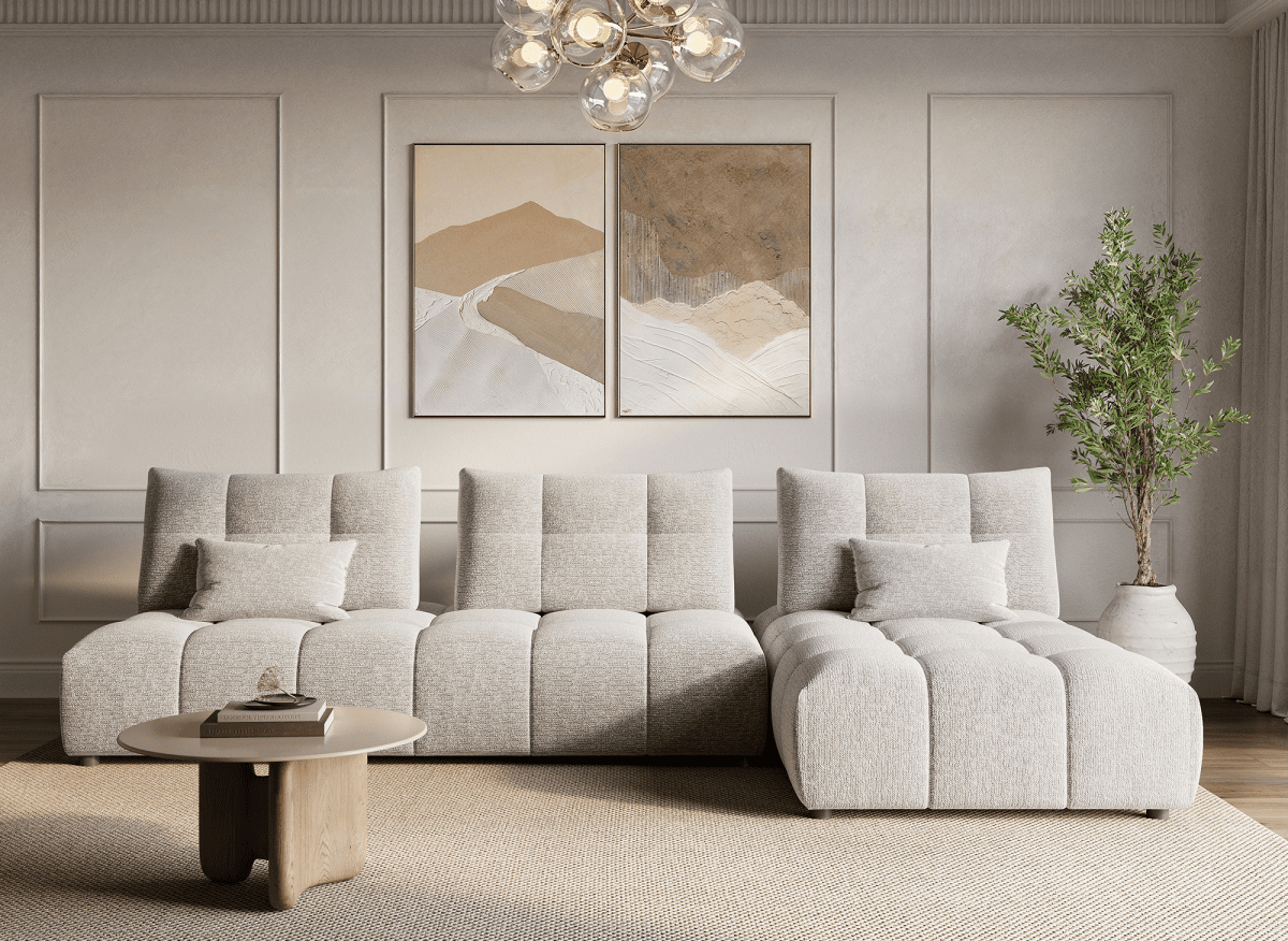 Canapé d'angle réversible en velours texturé beige ALANA - DécoInParis