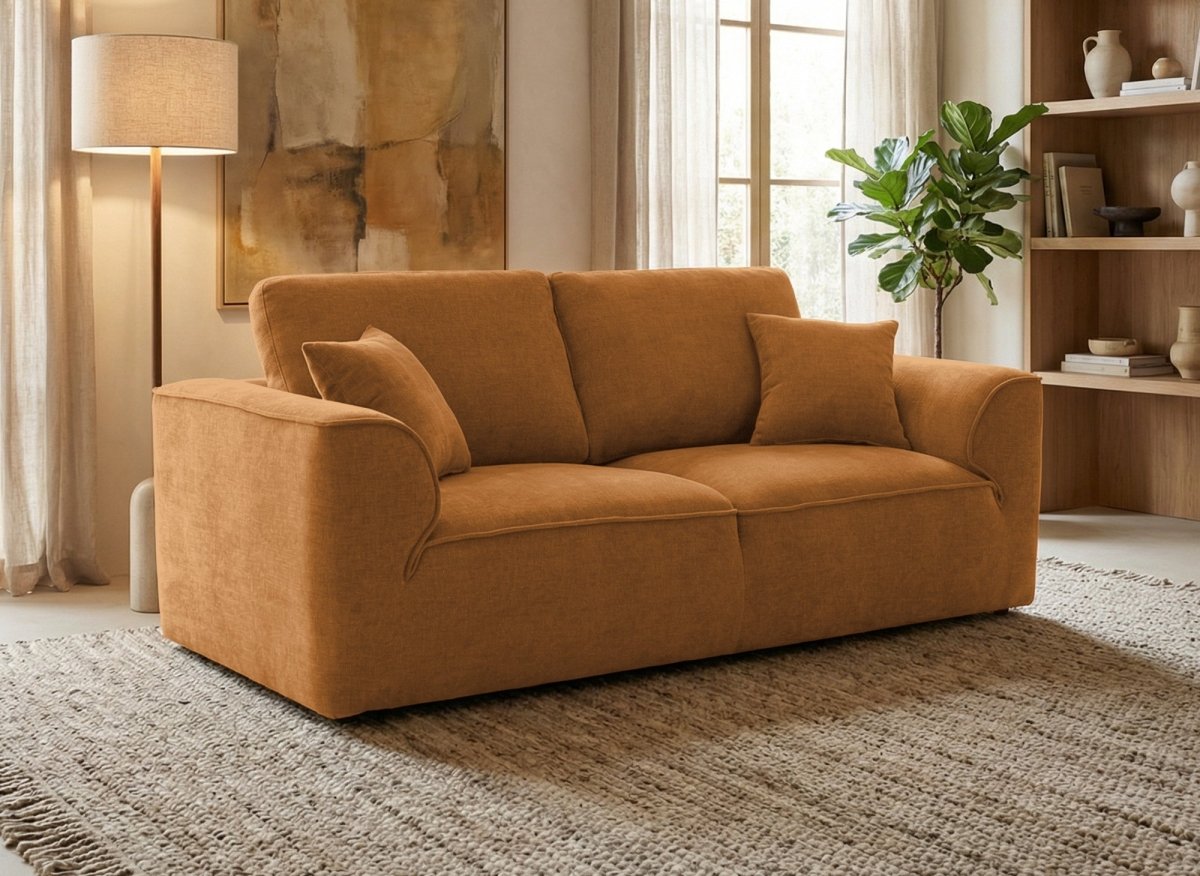 Canapé droit 3 places en velours chiné moutarde ABELIA - DécoInParis