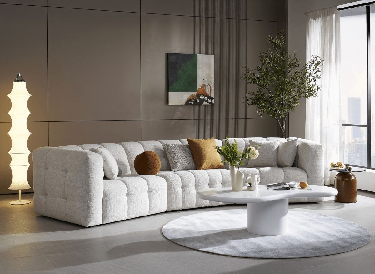 Canapé droit fixe 5 places en velours texturé beige ARELIA - DécoInParis