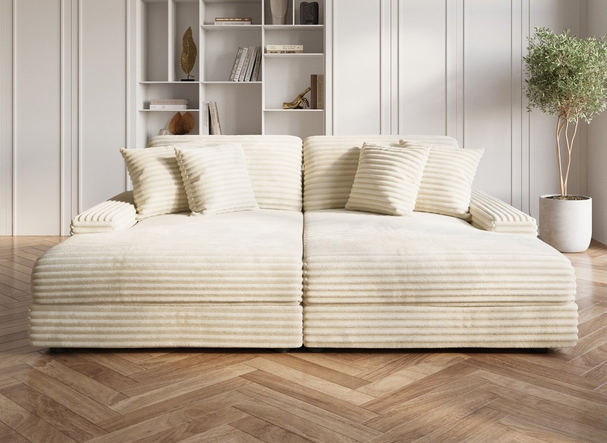 Canapé droit méridienne 2 places en gros côtelé doux beige DAHO - DécoInParis