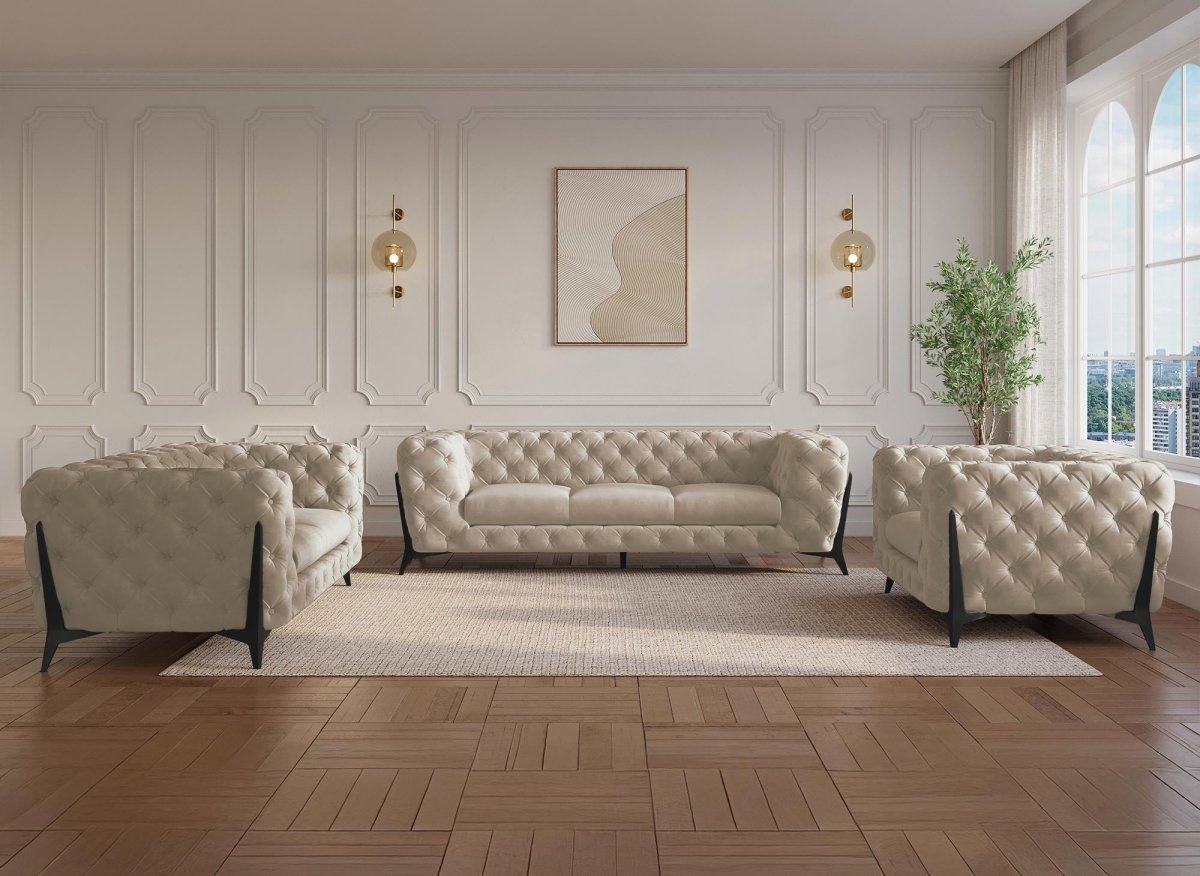 Canapé fixe 2 places capitonné chesterfield velours beige CARMEN - DécoInParis