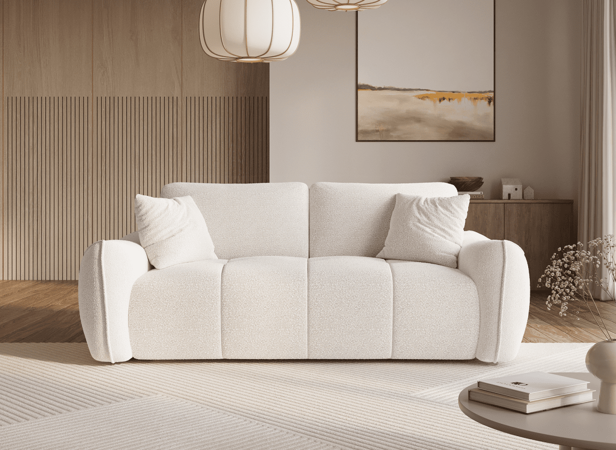 Canapé fixe 3 places en tissu bouclette beige EZRA - DécoInParis