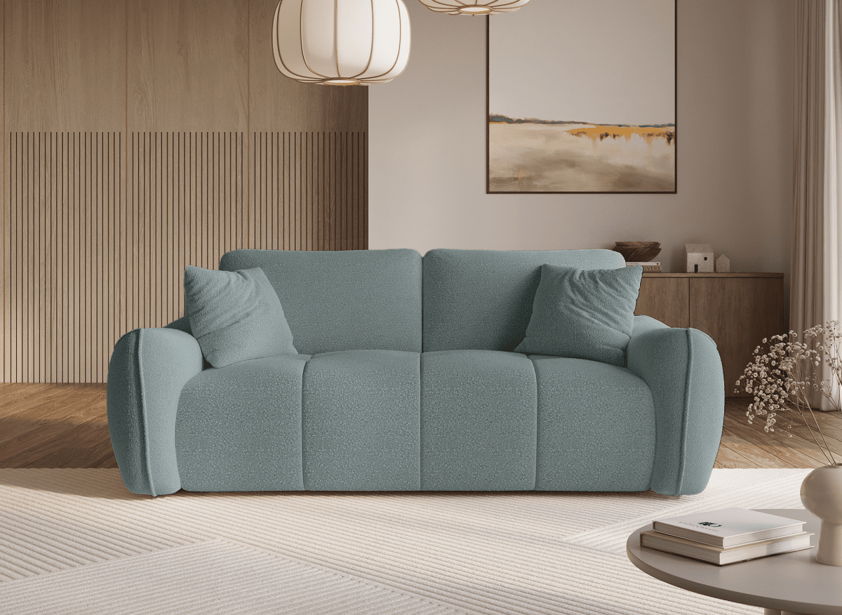 Canapé fixe 3 places en tissu bouclette vert d'eau EZRA - DécoInParis