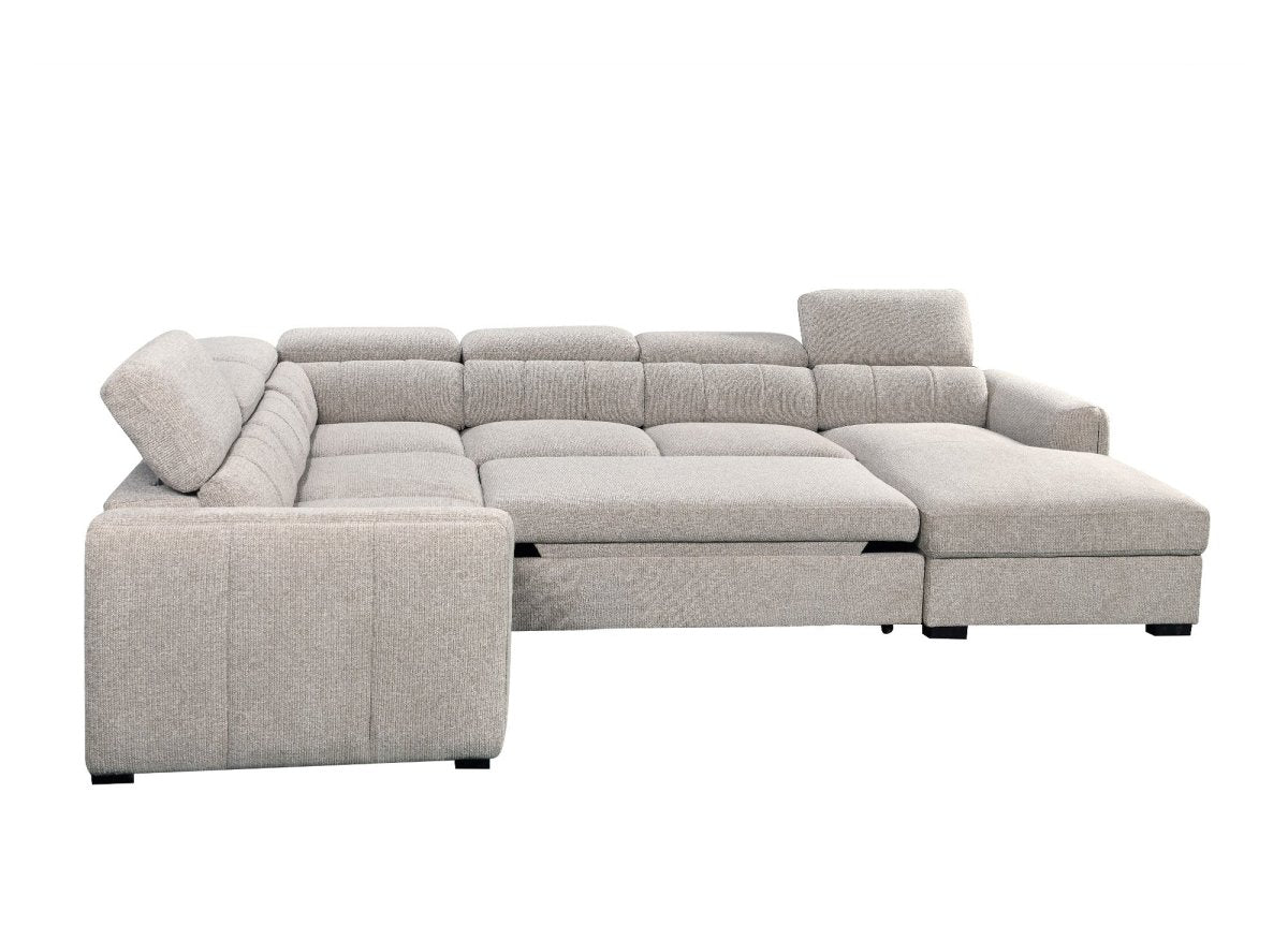 Canapé panoramique convertible avec coffre en tissu bouclette taupe NAJAH - Angle droit - DécoInParis